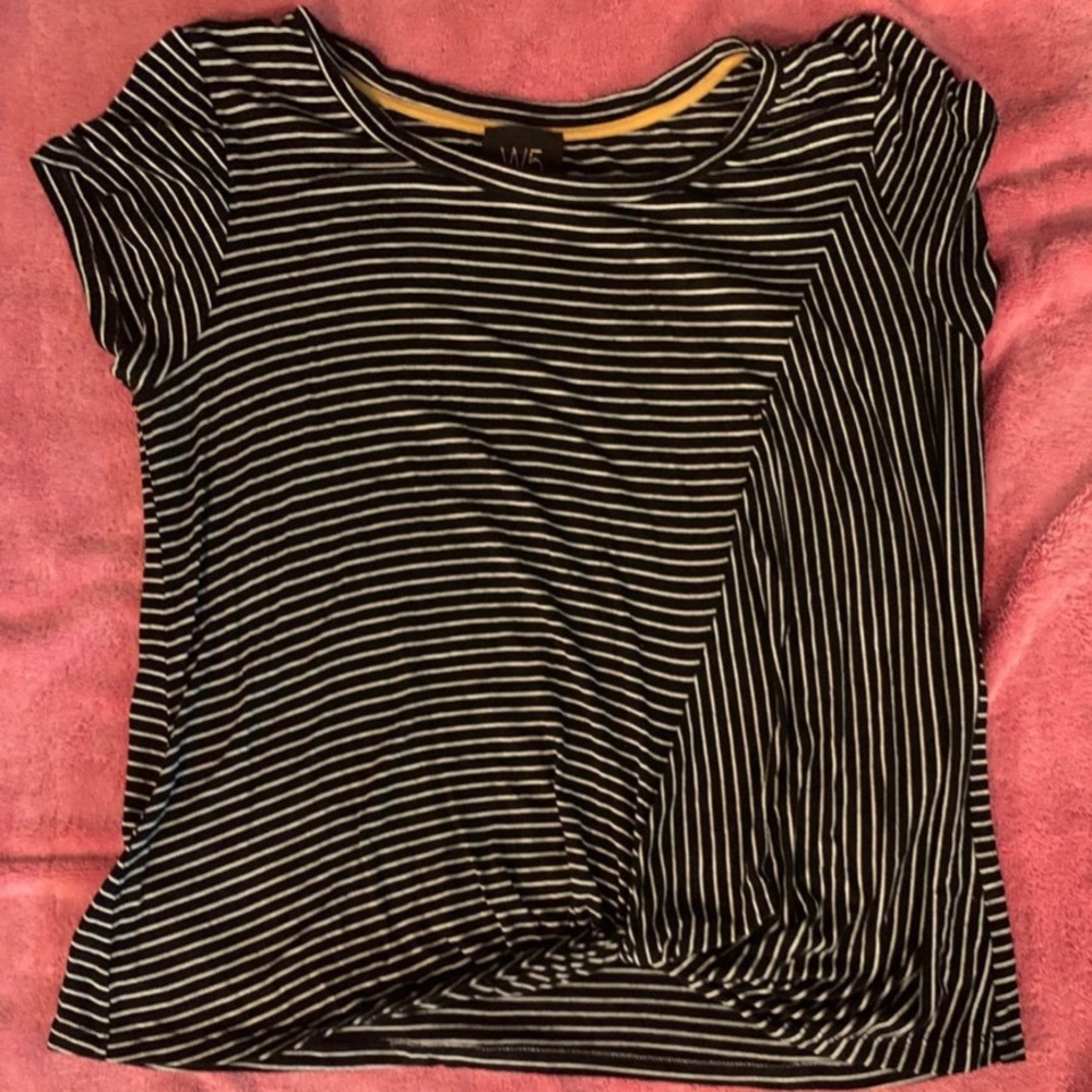 W5. Size small. Black and white striped short sleeve blouse. Embellished bottom.
